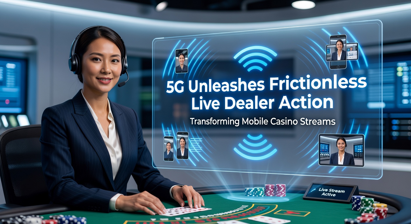 A dynamic live dealer at a mobile casino table, with 5G signals visualized as flowing data streams ensuring seamless interaction