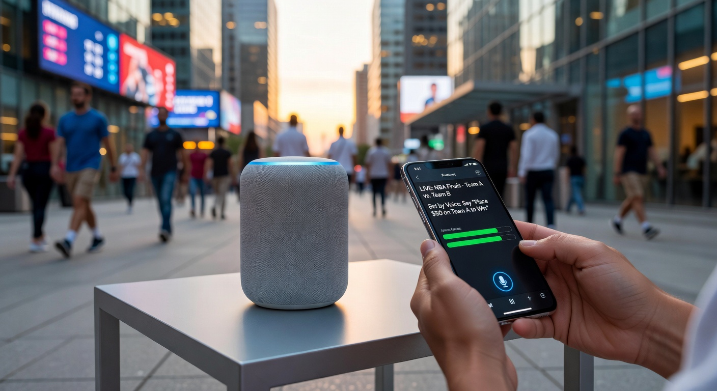 A smart speaker on a kitchen counter with a smartphone nearby, displaying a sports betting app interface, illustrating voice-activated wagering during daily routines