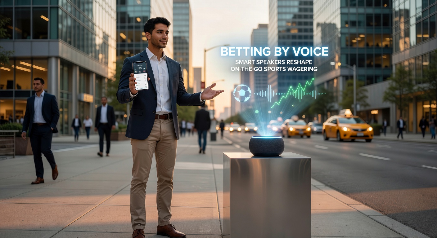 Close-up of a person speaking to a smart speaker in a car, with holographic odds overlays and a sports game on a dashboard screen, highlighting hands-free on-the-go betting