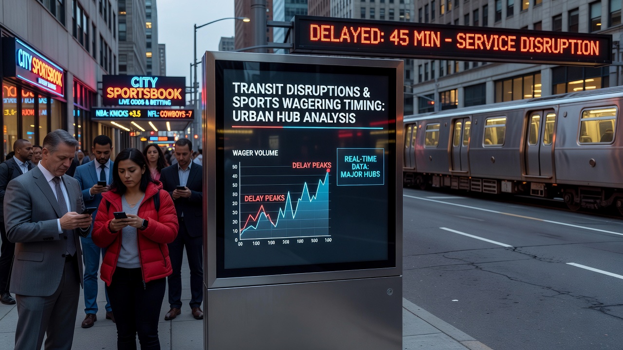Urban commuters navigating disrupted transit lines near sports betting locations in a major city hub
