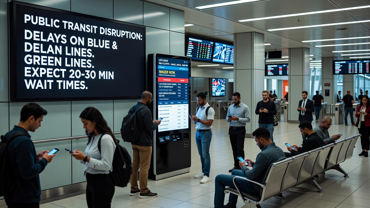 Sportsbook interior showing bettors using mobile devices during a transit-related delay period