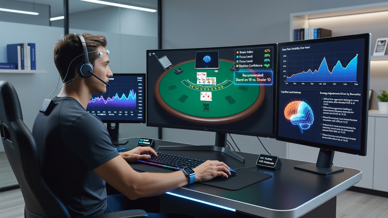 Close-up of biometric dashboard displaying heart rate and decision accuracy graphs next to blackjack hand history