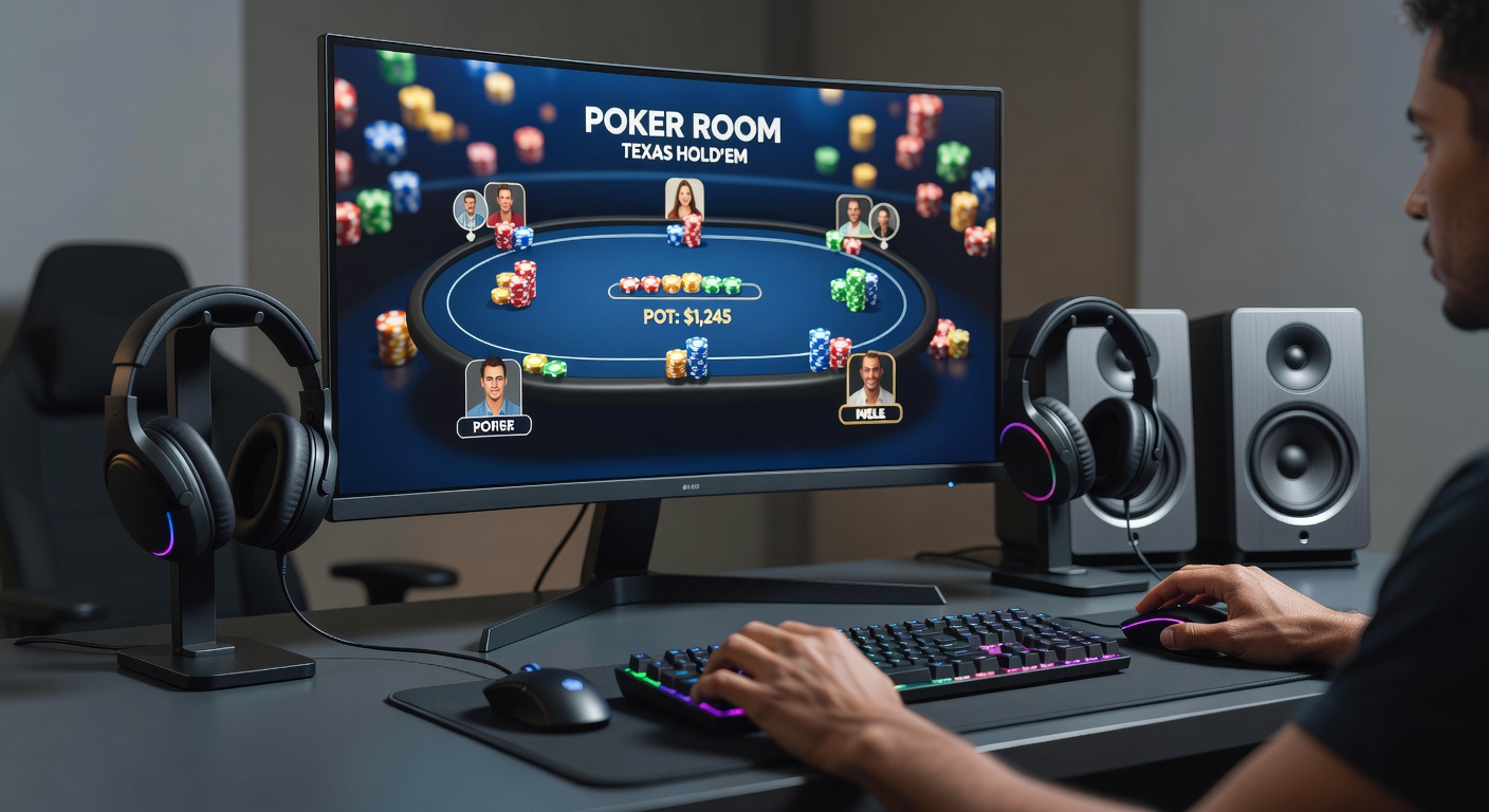 Online poker interface with subtle ambient sound indicators and player focus metrics displayed on screen