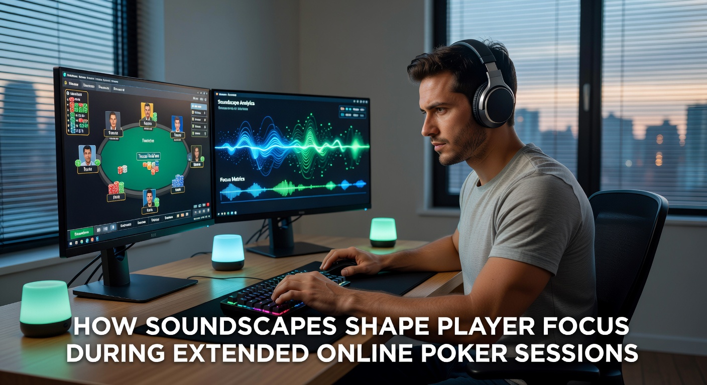 Split view of poker player workstation with headphones and visual focus tracking overlay