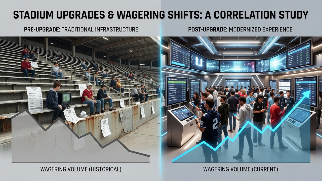 Fans using mobile devices inside an upgraded soccer stadium concourse during a live match, highlighting improved connectivity for wagering