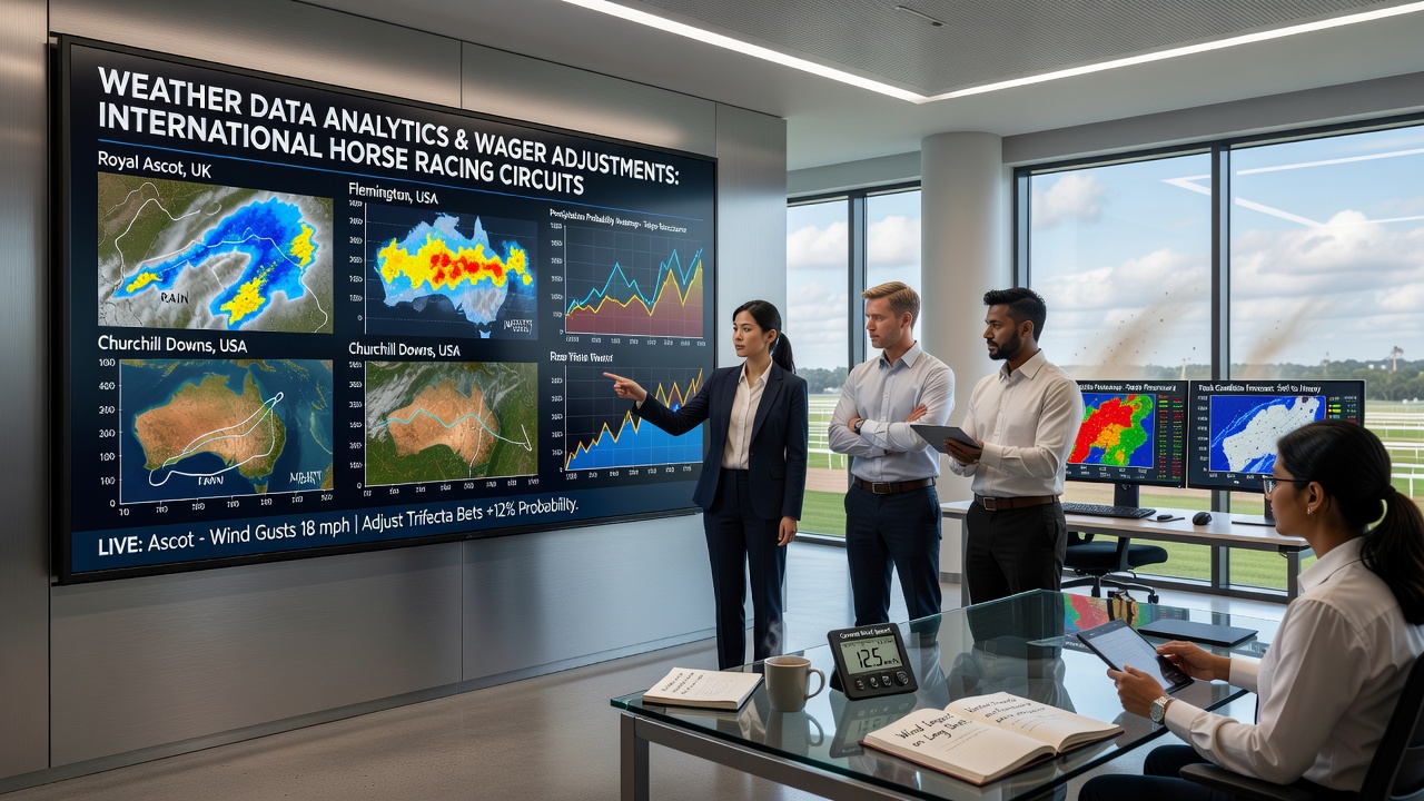 Analyst reviewing weather-integrated horse racing data dashboards on multiple screens