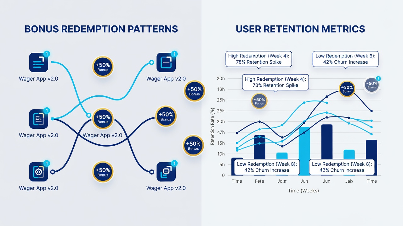 Charts displaying retention curves alongside bonus usage statistics from app-based wagering platforms