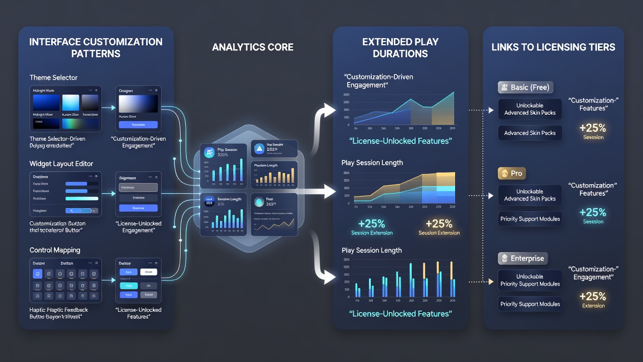 Analytics dashboard displaying session length data correlated with interface customization usage in licensed North American digital table games