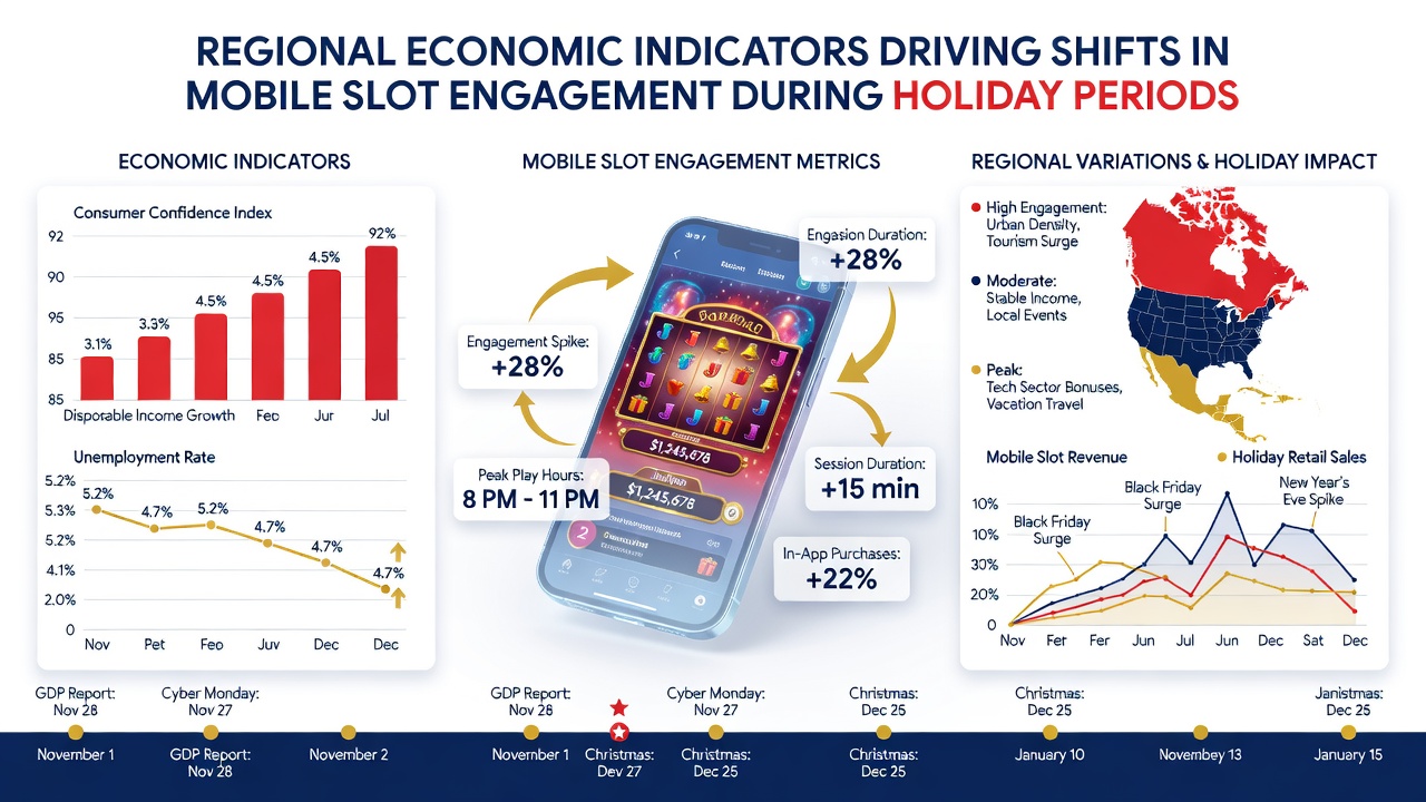 Mobile device displaying slot game alongside regional economic data visualization for holiday analysis