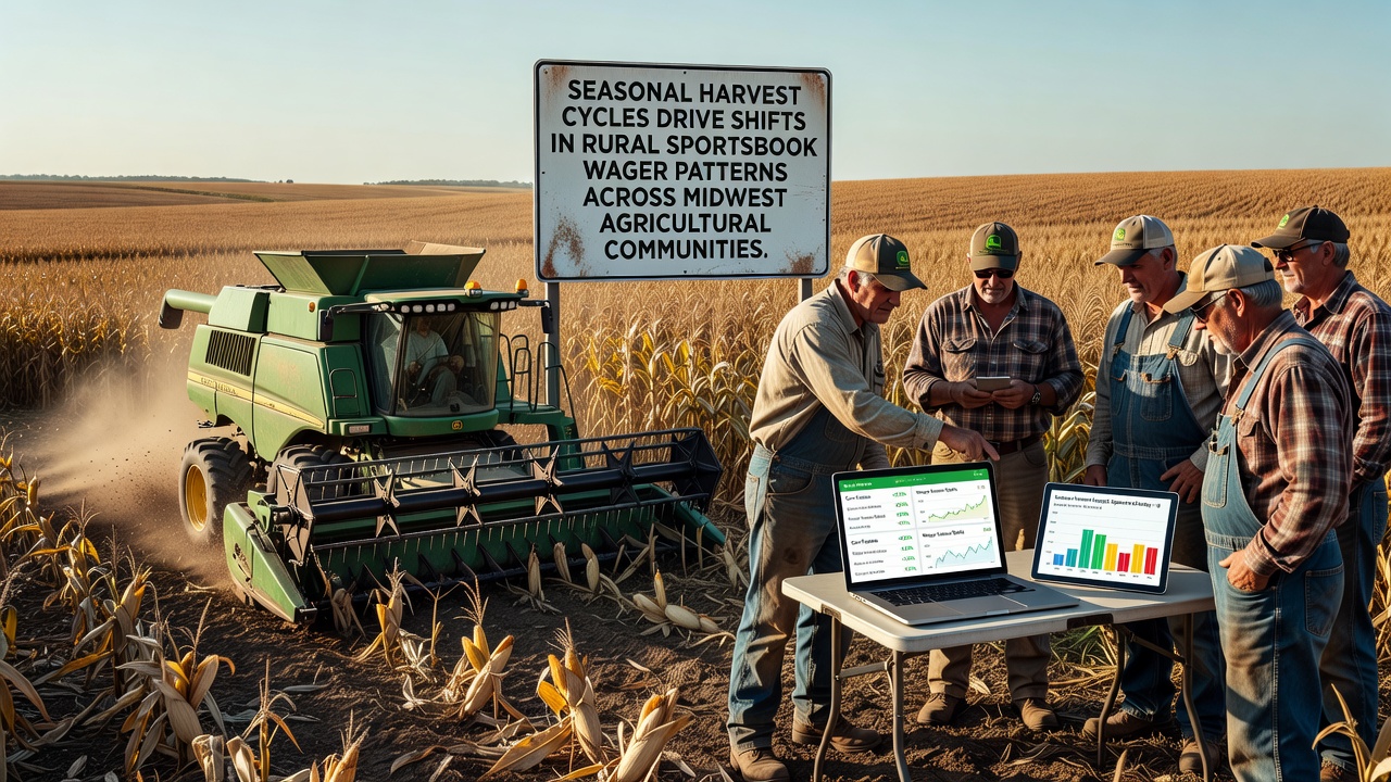 Rural Midwest sportsbook interior showing bettors during evening hours after harvest work