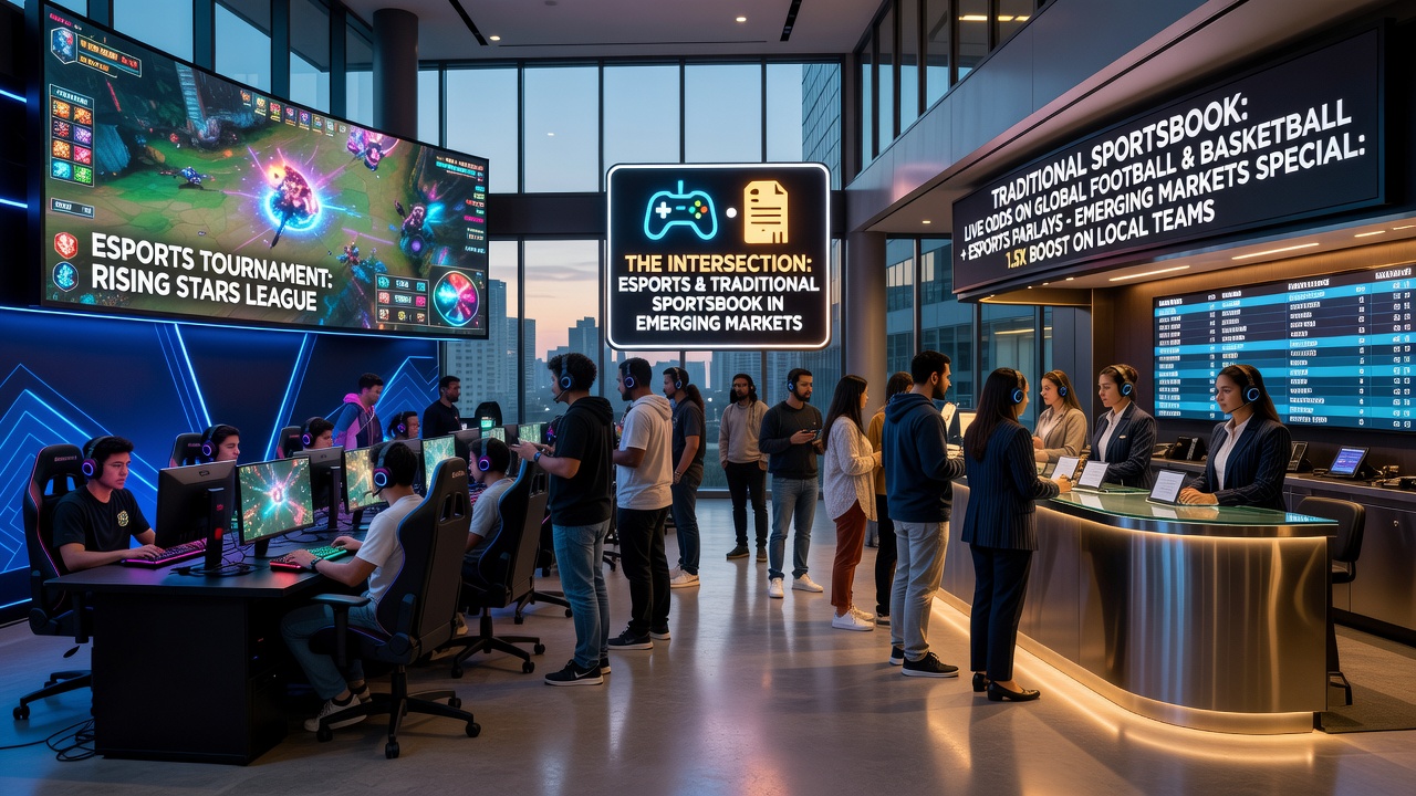 Esports arena in an emerging market with integrated betting interfaces displayed on mobile devices during a live tournament