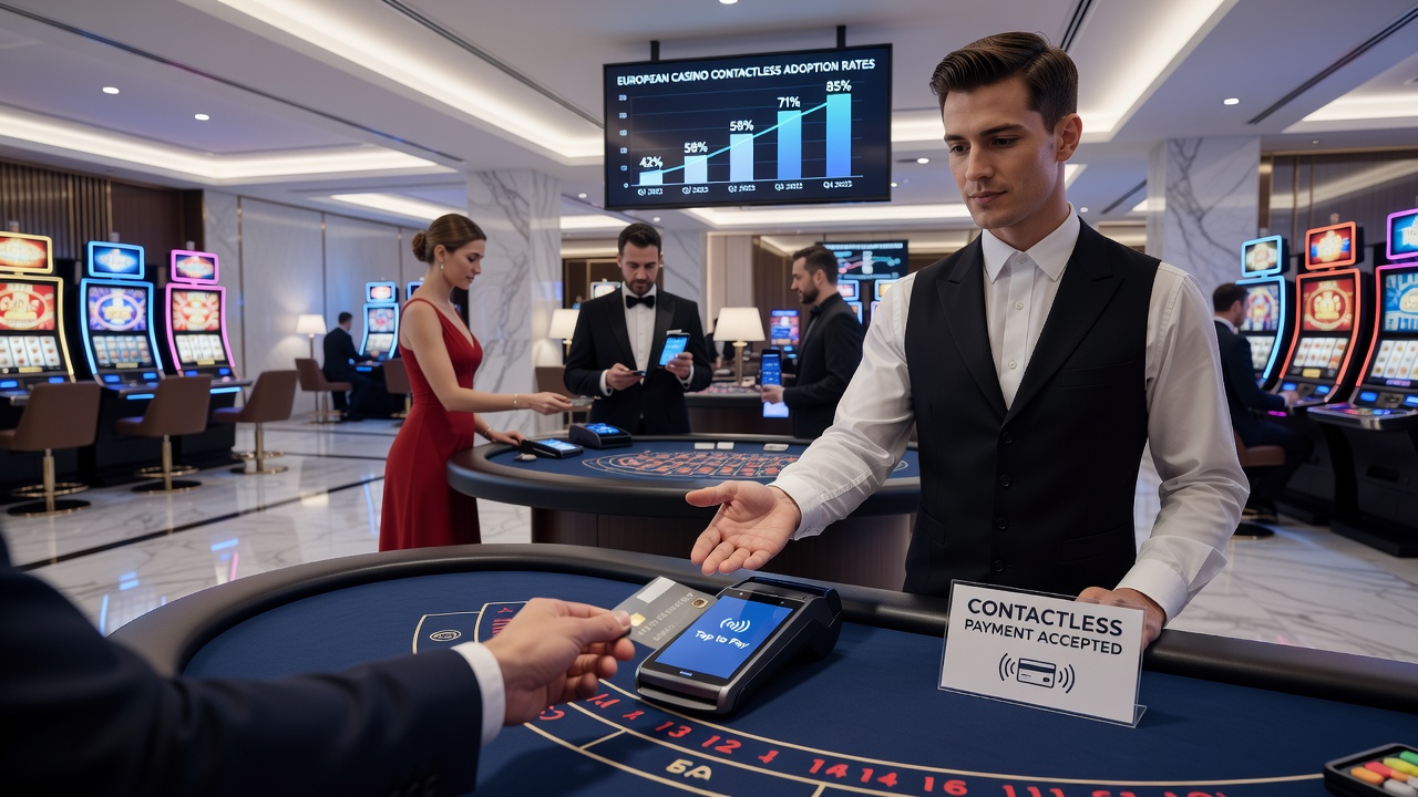 Close-up of contactless card tap at a roulette table with digital transaction confirmation display