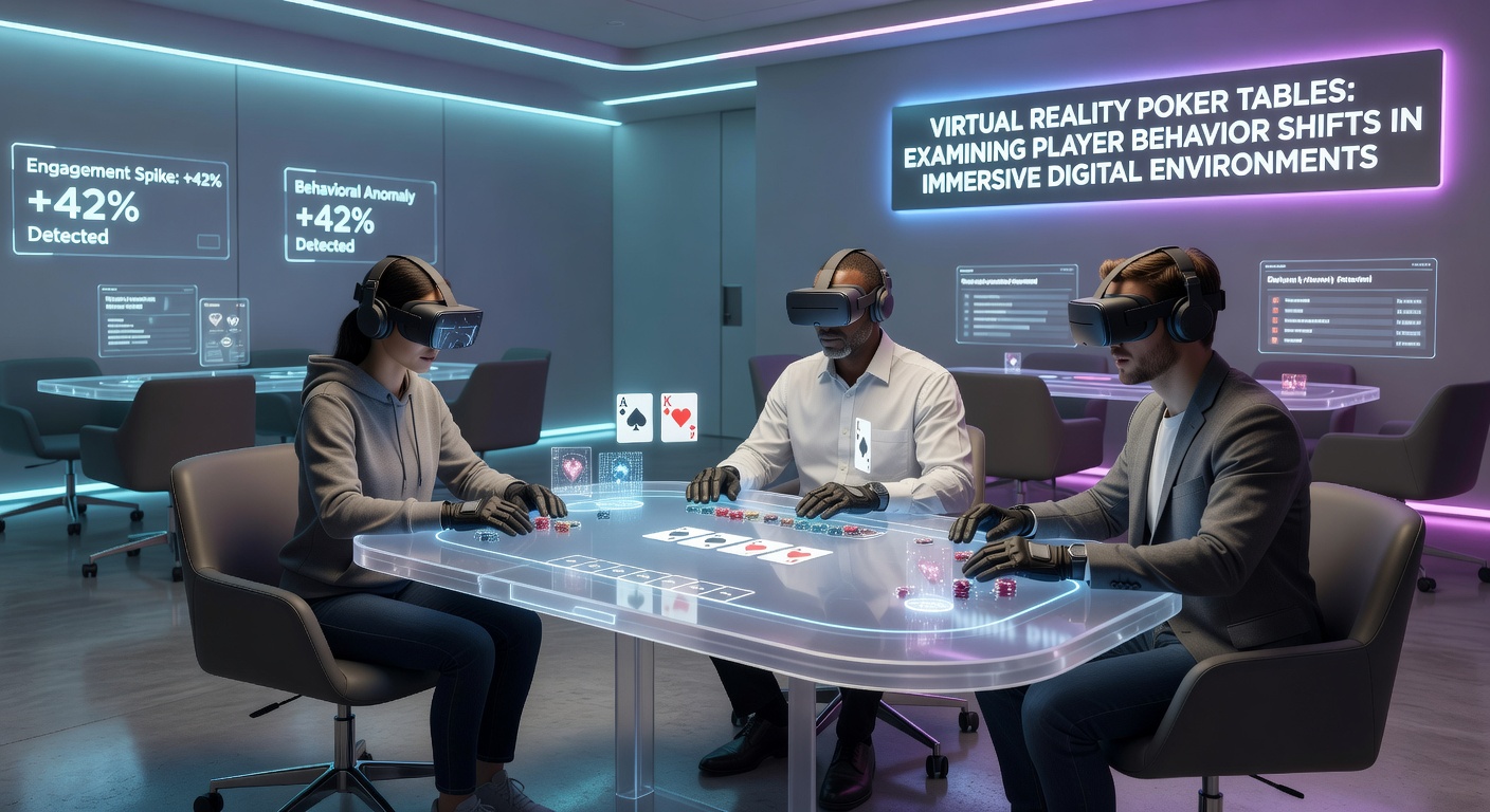 Close-up view of VR poker players interacting with digital chips and avatars around a virtual felt table during an evening session